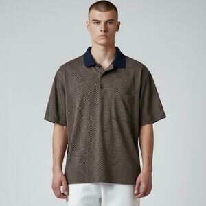 Vintage Ermenegildo Zegna Brown Patterened Knit Pullover Navy Collar Accent ~L